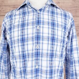 Bugatchi‎ Uomo Shirt Mens Large Blue White Plaid Long Sleeve Button Down Casual